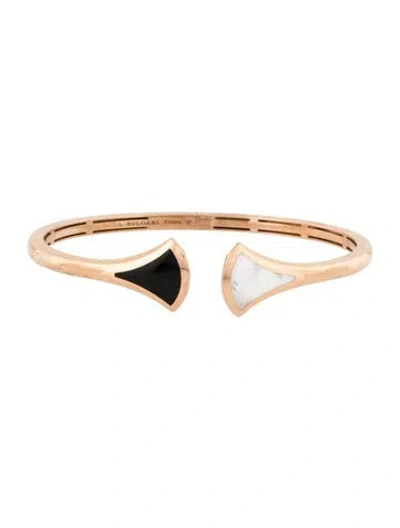 Pre-owned Bvlgari 18k Mother Of Pearl & Onyx Divas' Dream Cuff Bracelet, 7.5" In White
