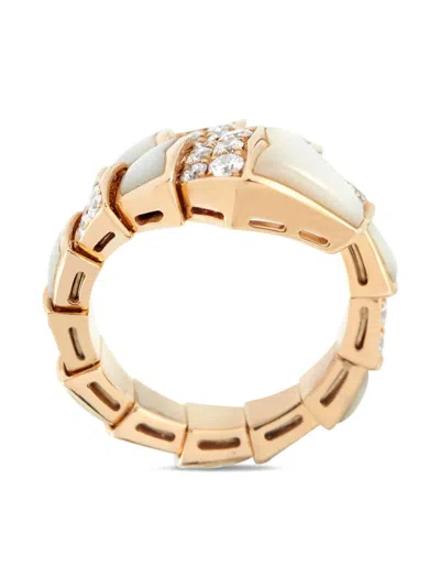 Pre-owned Bvlgari 18k Rose Gold Diamond Mother Of Pearl Coil Ring In Pink