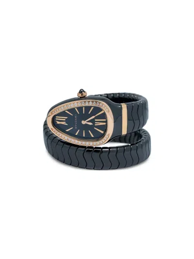 Pre-owned Bvlgari 18k Rose Gold Serpenti Diamond 25mm In Black
