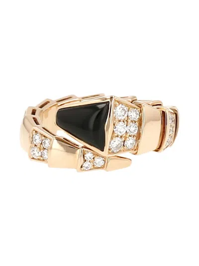 Pre-owned Bvlgari 18k Rose Gold Serpenti Viper Diamond And Onyx Ring In Pink