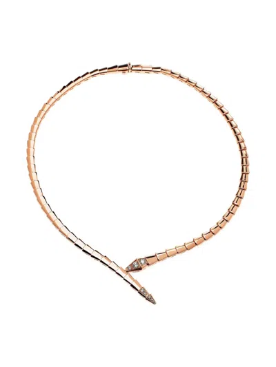 Pre-owned Bvlgari 18k Rose Gold Serpenti Viper Diamond Necklace In Pink