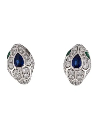 Pre-owned Bvlgari 18k Sapphire, Emerald, & Diamond Serpenti Seduttori Earrings In Multicolor