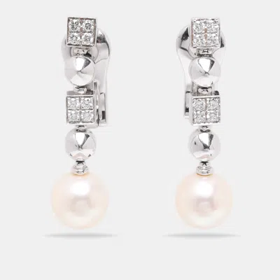 Pre-owned Bvlgari 18k White Gold Diamond Pearl Lucia Pierced Earrings In Silver