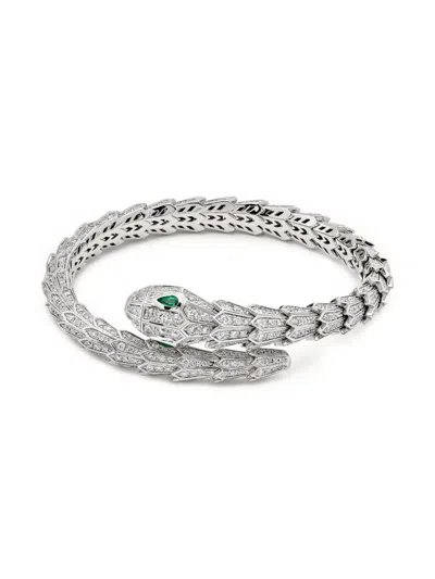 Pre-owned Bvlgari 18k White Gold Large Serpenti Emerald And Diamond Bracelet In Silver