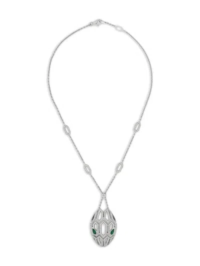 Pre-owned Bvlgari 18k White Gold Serpenti Seduttori Diamond And Emerald Necklace In Silver
