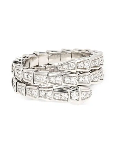 Pre-owned Bvlgari 18k White Gold Serpenti Viper Diamond Ring In Silver