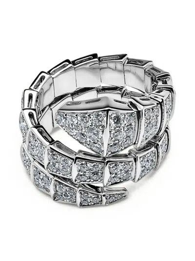 Pre-owned Bvlgari 18k White Gold Serpenti Viper Diamond Ring In Silver