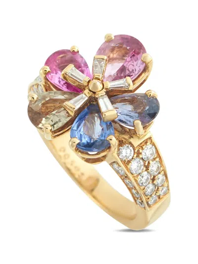 Pre-owned Bvlgari 18k Yellow Gold Diamond Sapphire Flower Ring
