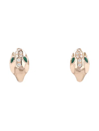 Pre-owned Bvlgari 18kt Rose Gold Diamond Malachite Earrings In Pink