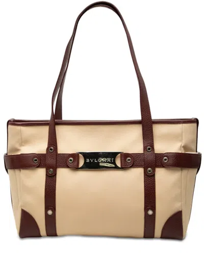 Pre-owned Bvlgari 1990-2000 Leather Trimmed Canvas Tote Bag In Neutral