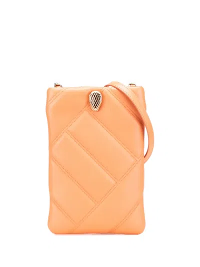 Pre-owned Bvlgari 2000-2025 Leather Serpenti Cabochon Phone Case Crossbody Bag In Orange