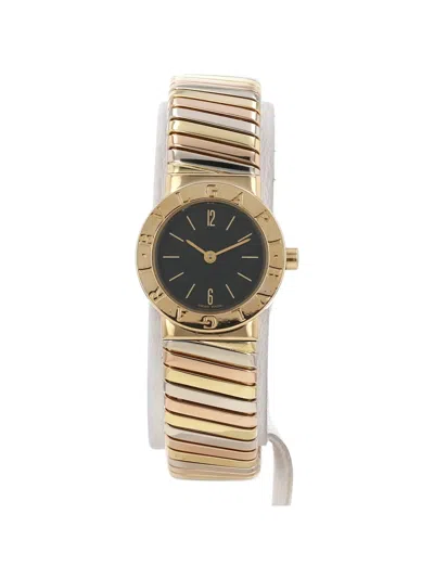 Pre-owned Bvlgari 2000 23mm Gold Bezel Tubogas Bracelet Watch In Black