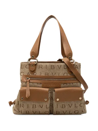 Pre-owned Bvlgari 2000 Logomania Canvas Satchel In Brown