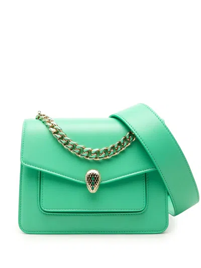 Pre-owned Bvlgari 2000-2026 Leather Serpenti Forever Maxi Chain Top Handle Bag Satchel In Green