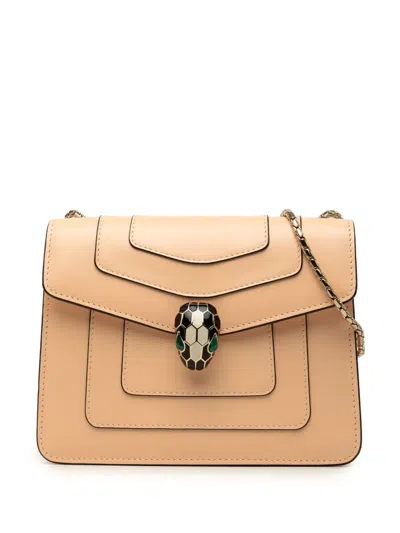 Pre-owned Bvlgari 2000-2026 Small Leather Square Serpenti Forever Chain Crossbody Bag In Neutrals