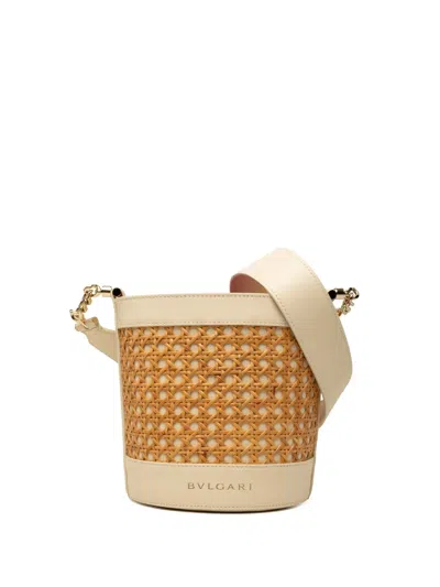 Pre-owned Bvlgari 2000-2026 Wicker And Calfskin Serpenti Forever Bucket Bag In Neutrals