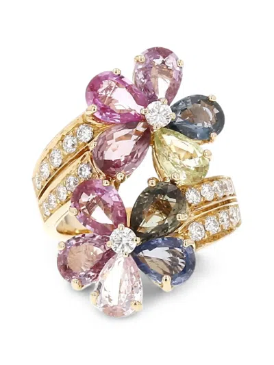 Pre-owned Bvlgari 2000s Flower-motif Diamond And Sapphire Ring In Gold
