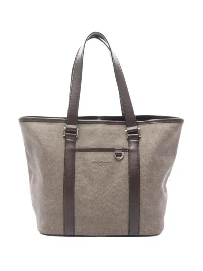 Pre-owned Bvlgari 2000s Herringbone Leather Tote Bag In Brown