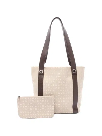 Pre-owned Bvlgari 2000s Logomania Canvas Tote Bag In Neutral