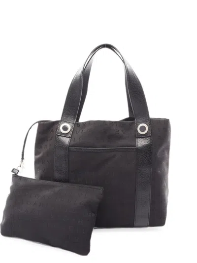 Pre-owned Bvlgari 2000s Logomania Leather-trim Tote Bag In Black