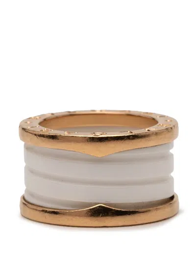 Pre-owned Bvlgari 2010-2025 18k Yellow Gold And Ceramic B.zero1 Three Band Ring In White