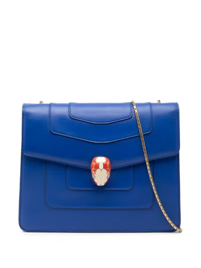 Pre-owned Bvlgari 2010-2025 Small Leather Square Serpenti Forever Chain Crossbody Bag In Blue