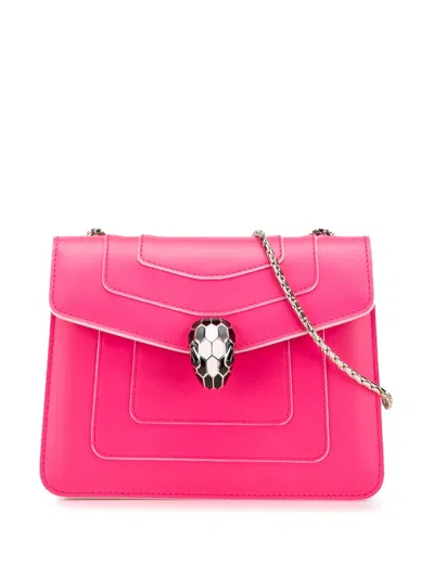 Pre-owned Bvlgari 2010-2025 Small Leather Square Serpenti Forever Chain Crossbody Bag In Pink