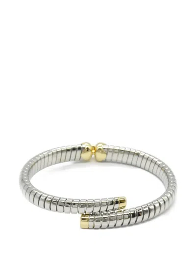 Pre-owned Bvlgari 2010-2025 Stainless Steel And 18k Yellow Gold Tubogas Hearts Open Flex Bangle Bracelet