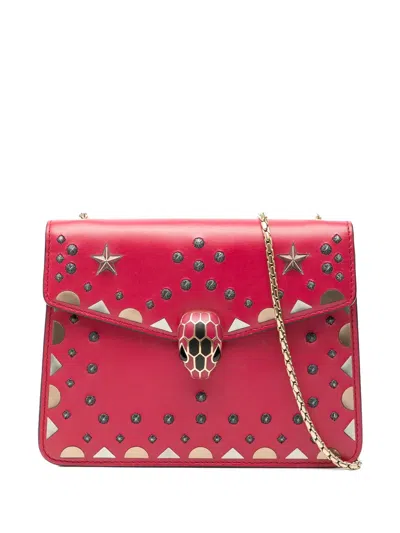 Pre-owned Bvlgari 2010-2026 Small Studded Leather Laser Cut Square Serpenti Forever Chain Crossbody Bag In Red