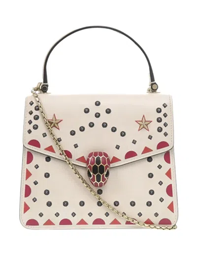 Pre-owned Bvlgari 2010-2025 Small Studded Leather Laser Cut Square Serpenti Forever Chain Top Handle Bag Satchel In Neutral