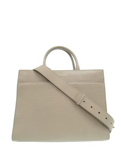 Pre-owned Bvlgari 2010-2026 Embossed Leather Logo Infinitum Tote Satchel In Neutral