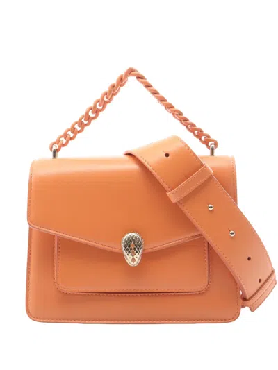 Pre-owned Bvlgari 2010-2026 Leather Serpenti Forever Maxi Chain Top Handle Bag Satchel In Orange