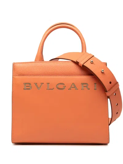 Pre-owned Bvlgari 2010-2026 Smooth And Pebbled Calfskin Logo Tote Satchel In Orange