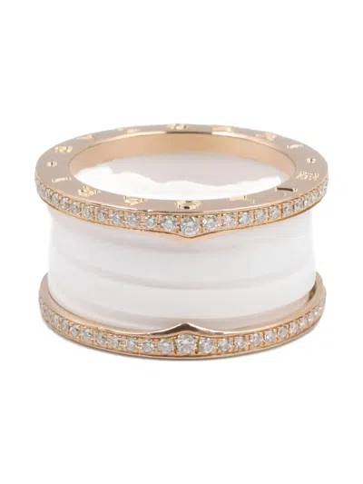 Pre-owned Bvlgari 2010s 18k Rose Gold Diamond And Ceramic Ring In White