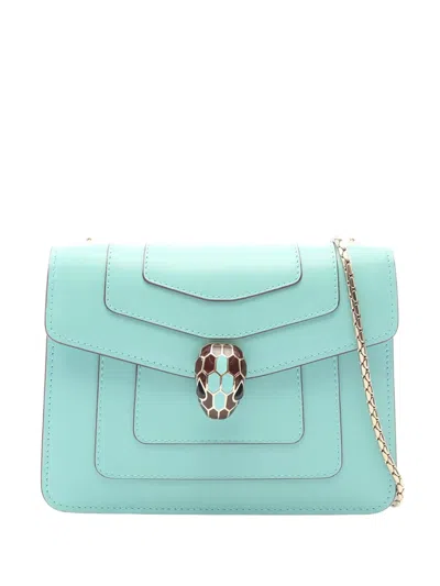 Pre-owned Bvlgari 2014-2026 Leather Serpenti Forever Chain Flap Shoulder Bag In Blue