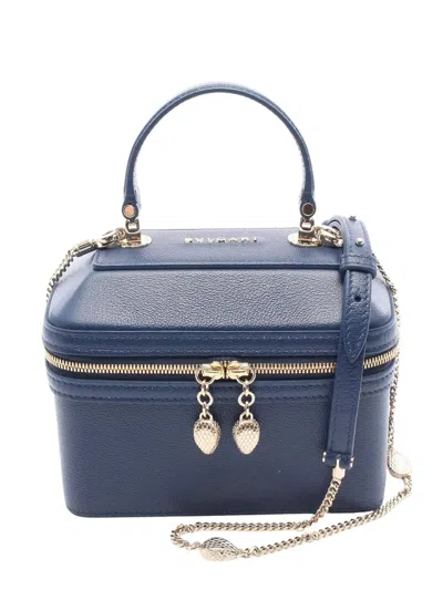 Pre-owned Bvlgari 2015-2025 Grained Calfskin Serpenti Forever Vanity Bag Satchel In Blue