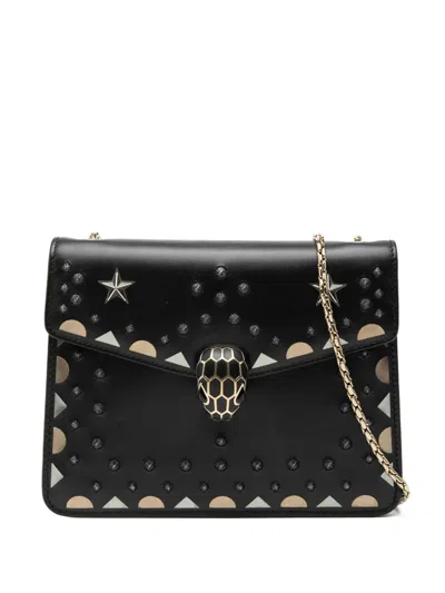 Pre-owned Bvlgari 2017 Small Studded Leather Laser Cut Square Serpenti Forever Chain Crossbody Bag In Black