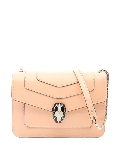 Pre-owned Bvlgari 2018-2026 Leather Serpenti Forever Chain Flap Shoulder Bag In Neutral