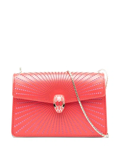 Pre-owned Bvlgari 2021-2025 Small Laser Cut Calfskin Serpenti Forever Diamond Blast Sunshine Crossbody Bag In Red