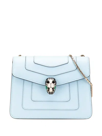 Pre-owned Bvlgari 2021-2025 Small Leather Square Serpenti Forever Chain Crossbody Bag In Blue