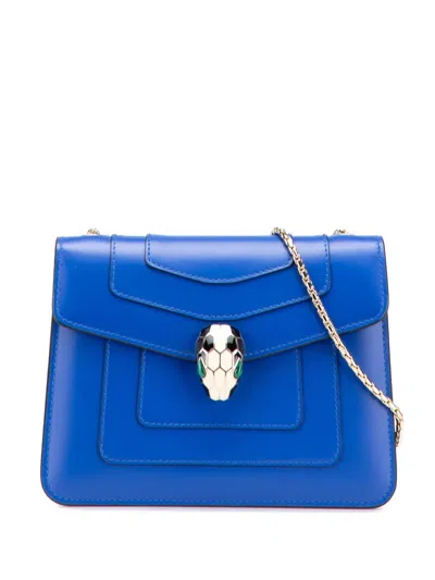 Pre-owned Bvlgari 2021-2025 Small Leather Square Serpenti Forever Chain Crossbody Bag In Blue