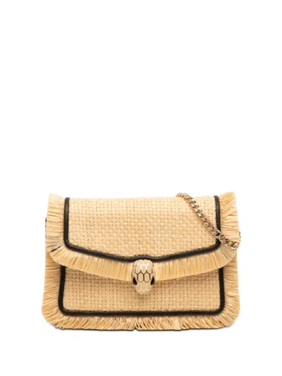 Pre-owned Bvlgari 2021-2026 Mini Raffia Serpenti Forever Fringe Crossbody Bag In Neutral