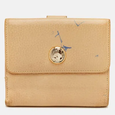 Pre-owned Bvlgari Beige Leather Compact Wallet In Sand