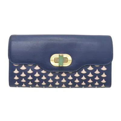Pre-owned Bvlgari Beige Navy Leather Long Wallet (bi-fold) () In Beige, Navy