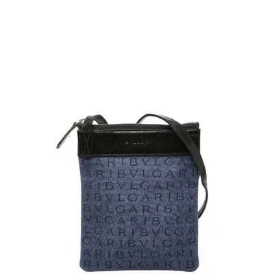 Pre-owned Bvlgari Black Blue Canvas Leather Pochette Shoulder Bag () In Black, Blue