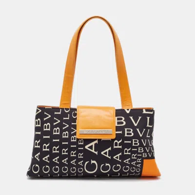 Pre-owned Bvlgari Black/orange Printed Fabric And Leather Small Tote
