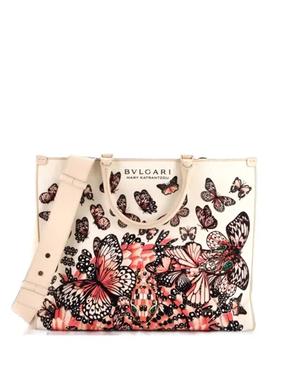 Pre-owned Bvlgari Convertible Shopping Printed Canvas And Leather Medium Tote Bag In Multicolour