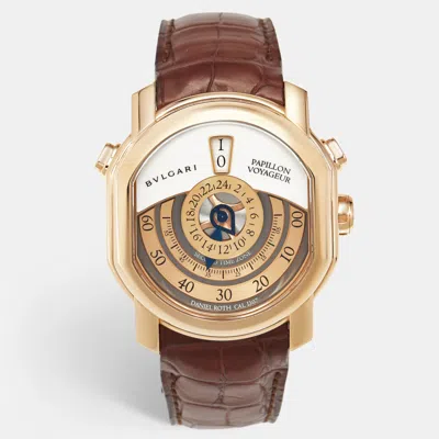 Pre-owned Bvlgari Daniel Roth Papillon Voyageur Limited Edition Gmt 101835 White Dial 18k Rose Gold Alligator Leather  In Brown
