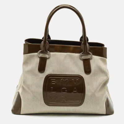 Pre-owned Bvlgari Dark Brown/grey Patent Leather And Canvas Middle Zip Tote