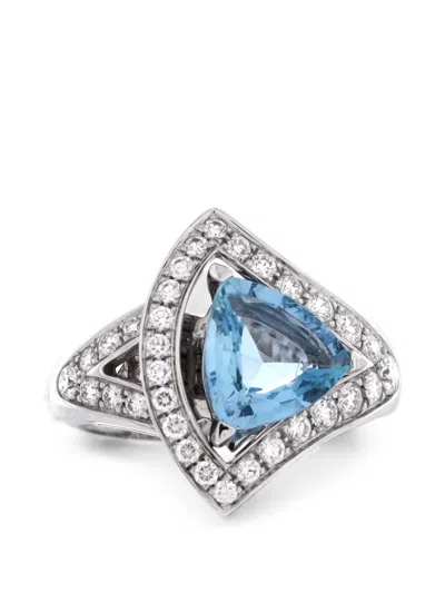 Pre-owned Bvlgari Divas' Dream Openwork 18k White Gold With Diamonds And Aquamarine Ring In Silver